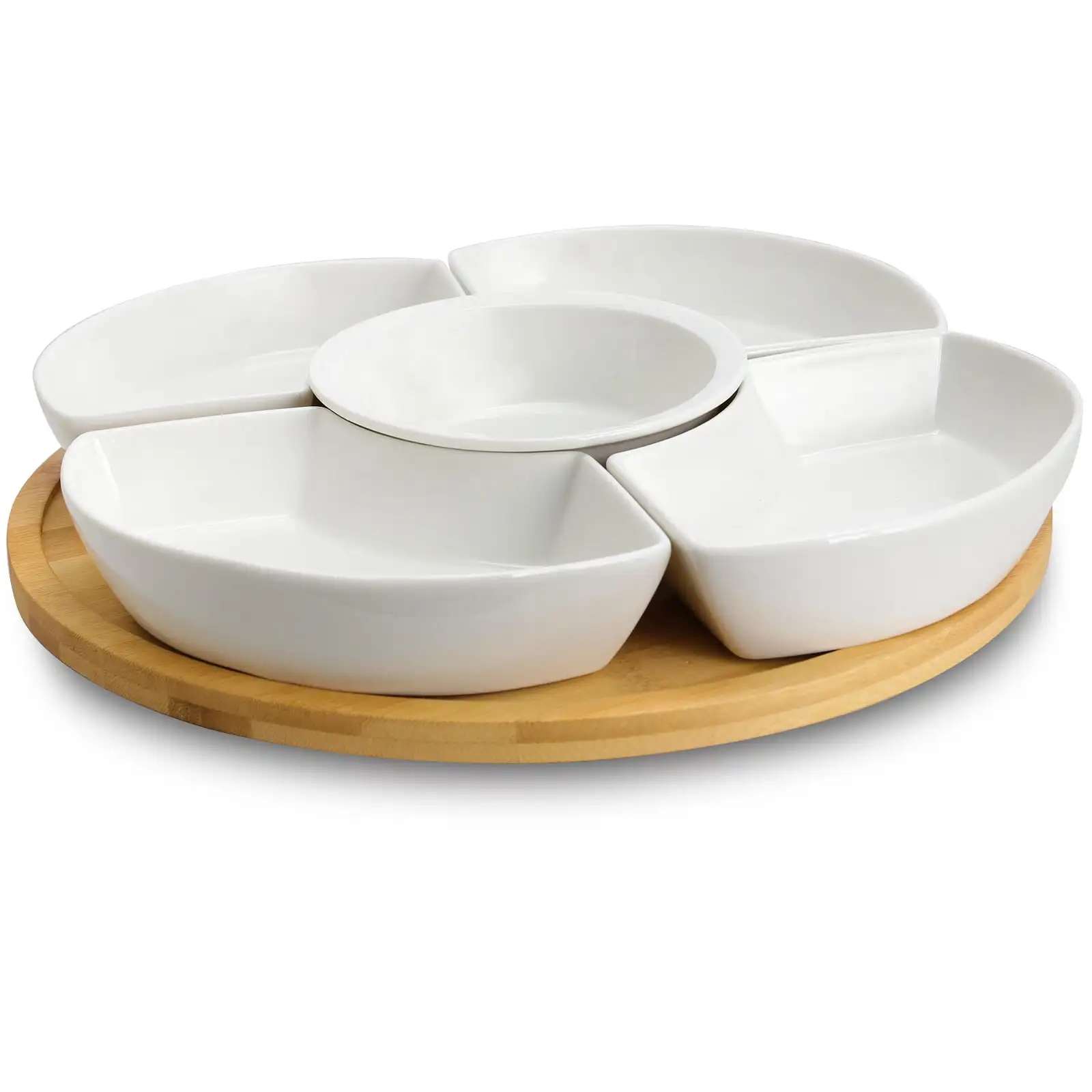 12 1/4 Inch 6pc Lazy Susan Appetizer and Condiment Server Set with 5 Serving Dishes and a Bamboo Lazy Suzan Serving Tray
12 1/4 Inch 6pc Lazy Susan Appetizer and Condiment Server Set with 5 Serving Dishes and a Bamboo Lazy Suzan Serving Tray