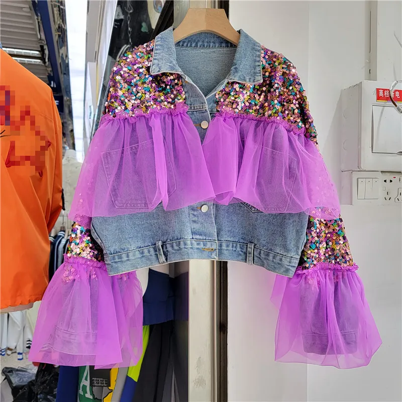 

Vintage Blue Multicolour Sequins Mesh Splicing Denim Jacket Women Loose Short Cowboy Outerwear Spring Korean Jeans Jacket Female