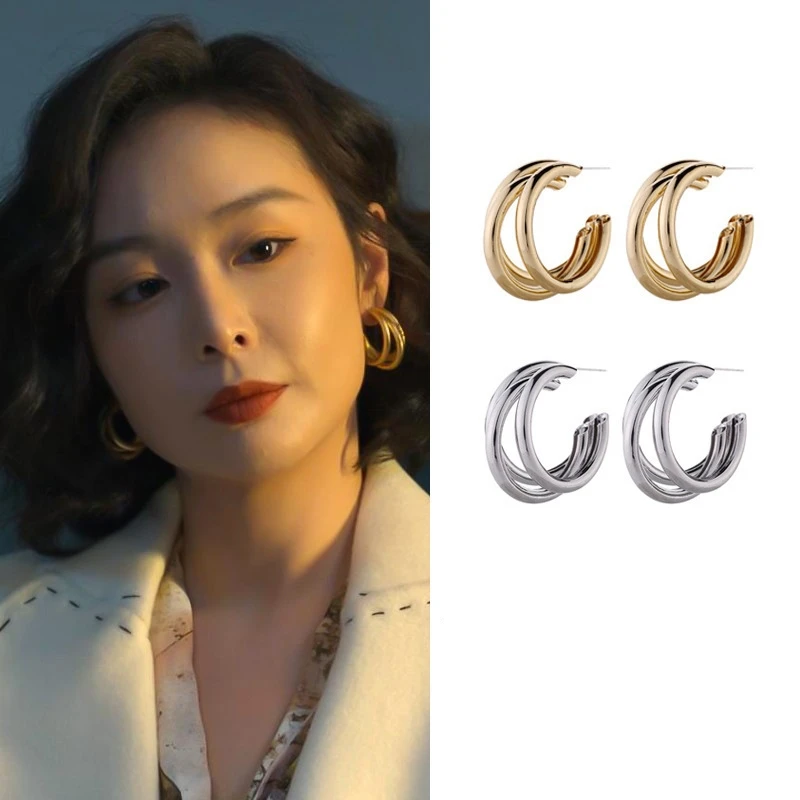 

Fashion Korean Metal Elegant Hoop Earring Woman 2023 New Vintage Gold Color Geometric Statement Earrings Jewelry Brincos Gift