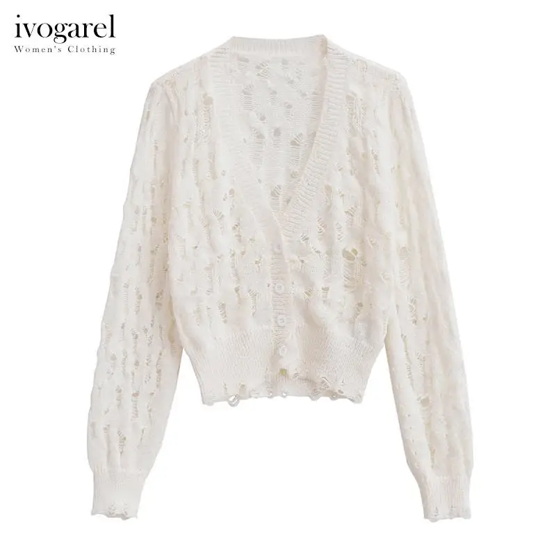 

Ivogarel Cropped Ripped Knit Cardigan Women's Demi-Season V-Neck Jacket Long Sleeves Ripped Details Front Button Fastening