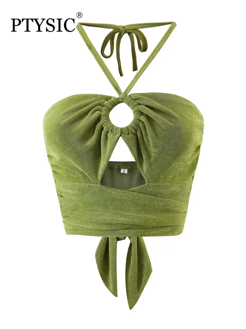

Стильный женский модный однотонный зеленый укороченный корсет с вырезами спереди и лямкой на шее, летние сексуальные топы с бантом и открыт...