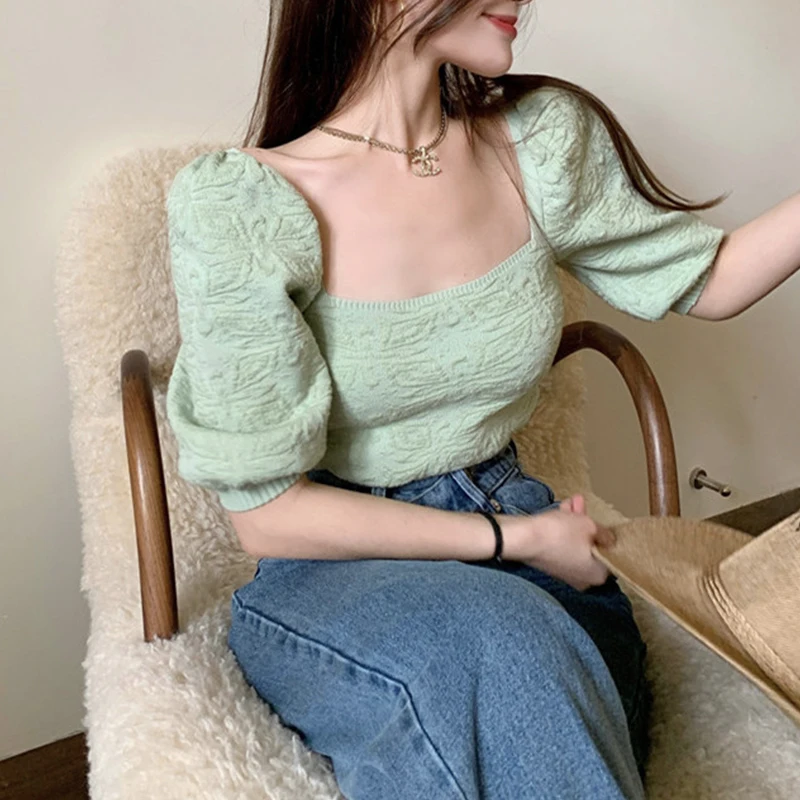 Women's Summer Square Collar Design Short T-shirts French Bubble Sleeve Green T-Shirt 2021 Summer New Short Sleeve Tops Popular
Women's Summer Square Collar Design Short T-shirts French Bubble Sleeve Green T-Shirt 2021 Summer New Short Sleeve Tops Popular