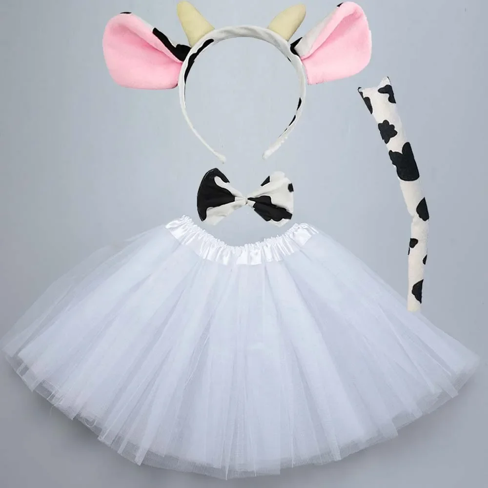 

Коровья повязка на голову уши животные комплект для девочек Дети повязка на голову хвост галстук-бабочка юбка костюм на Хэллоуин Косплей