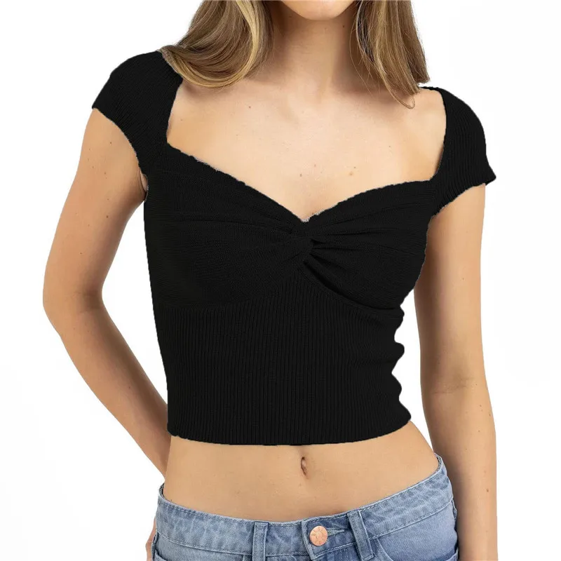 

Women Y2K Knit Cop Tops Short Sleeve Sweetheart Neck Solid Color Twist Front T-Shirts Ribbed Going Out Slim Fit Tee Cropped Top