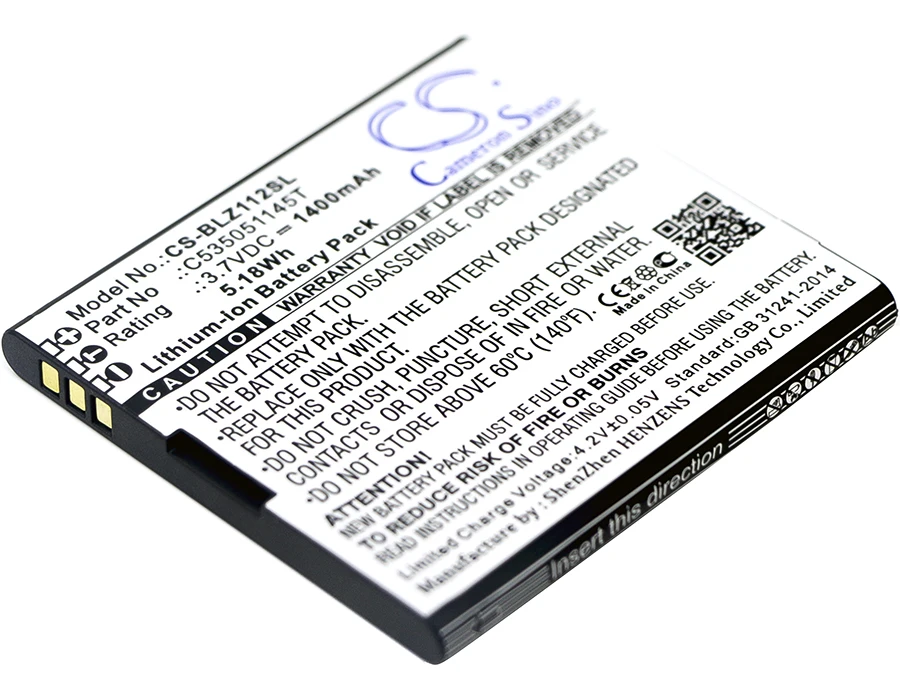 CS 1400 мАч/5.18Wh батарея для BLU Yezz, YZ1120 C535051145T
CS 1400 мАч/5.18Wh батарея для BLU Yezz, YZ1120 C535051145T