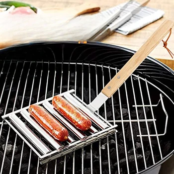 Stainless Steel Bbq Grill Tray Hot Dog Roller Dismantling Sausage Roller Rack with Handle Barbecues Tools Picnic Hot Dog Griller