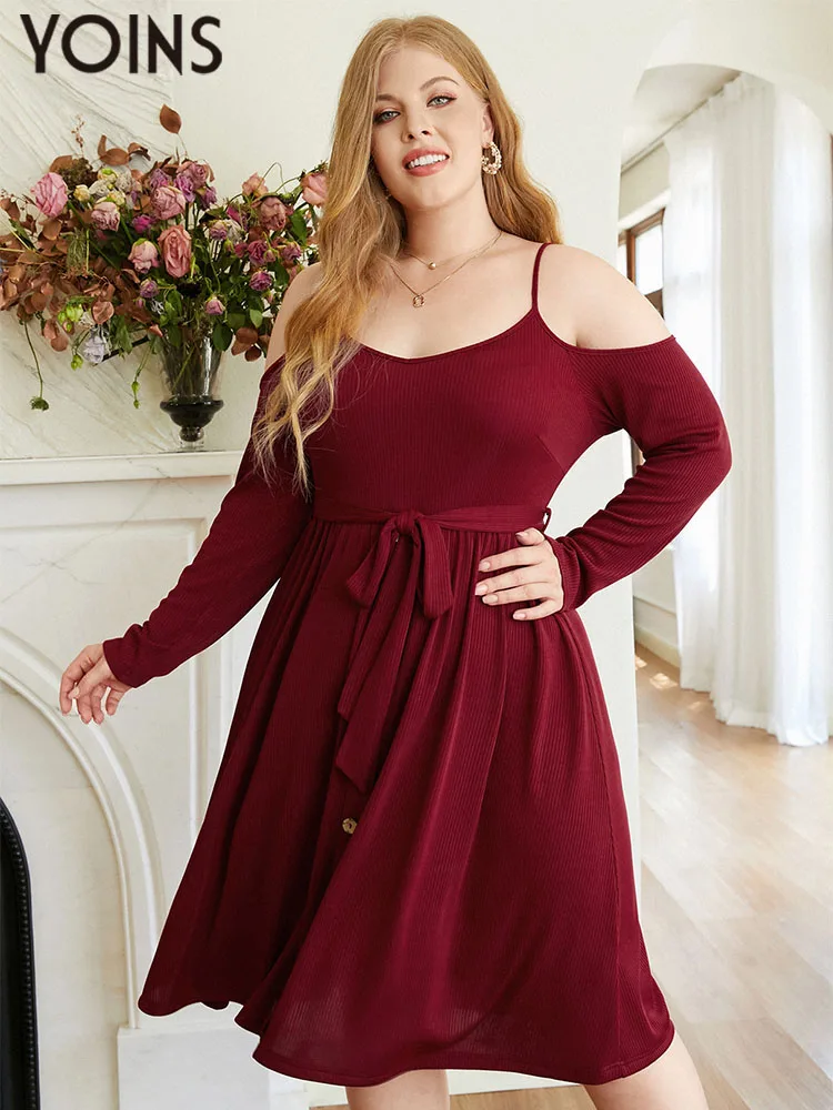 

YOINS Elegant Evening Party Dress 2023 Autumn Long Sleeve Sexy Cold Shoulder Knitted Sweater Vestidas Casual Solid Belted Robe