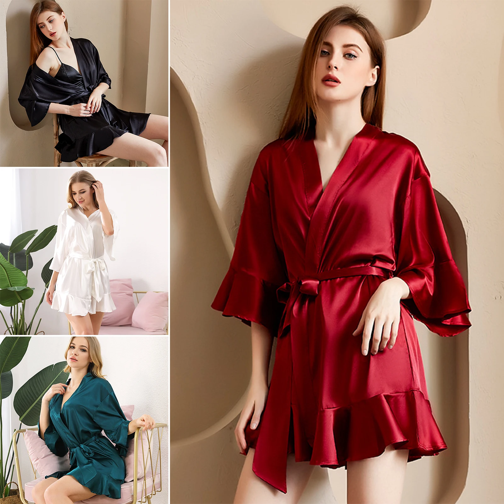 

Imitation Silk Nightgown Losse Women's Nightdress Three Quarter Sleeve Pajamas