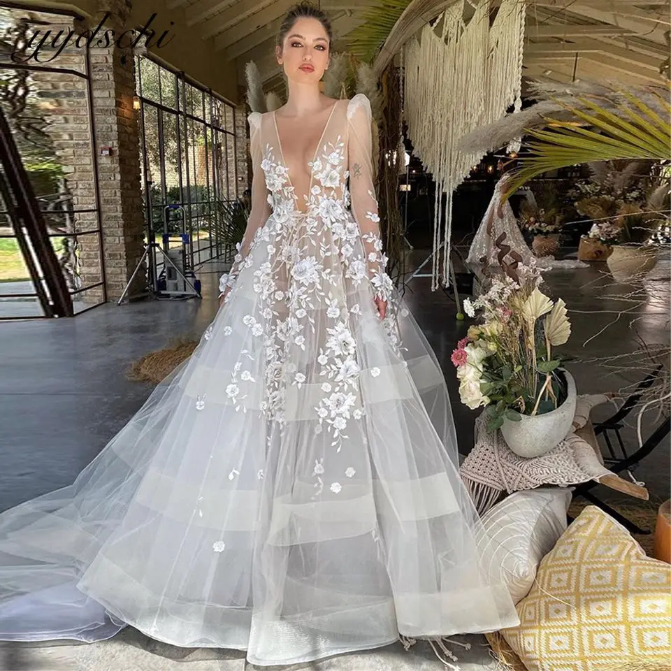 Bohemian V-Neck Long Sleeves Wedding Dresses Tulle Lace Appliques Bridal Gown Sexy Beach Party 3D Flowers Vestidos De Novia 2022
Bohemian V-Neck Long Sleeves Wedding Dresses Tulle Lace Appliques Bridal Gown Sexy Beach Party 3D Flowers Vestidos De Novia 2022