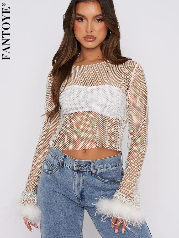 Sparkling Diamond Feather Sleeve Women T-shirt Pink See Through Crystal Fishnet T-shirt Female Spicy Girl Party Clubwear
Sparkling Diamond Feather Sleeve Women T-shirt Pink See Through Crystal Fishnet T-shirt Female Spicy Girl Party Clubwear