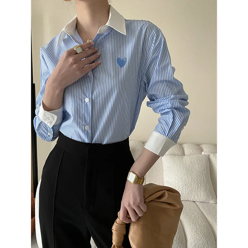 Love Heart Embroidery Women Blue Shirt Blouse Full Sleeves Turn-Down Neck Striped Print Lady Tops Clothing
Love Heart Embroidery Women Blue Shirt Blouse Full Sleeves Turn-Down Neck Striped Print Lady Tops Clothing