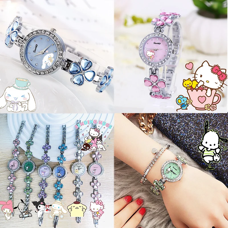 Часы Kawaii Hello Kitty Sanrio с бриллиантовым цветком, ремешок Kuromi Cinnamoroll My Melody, наручные часы, женский браслет, ювелирные изделия, подарок для девушки
Часы Kawaii Hello Kitty Sanrio с бриллиантовым цветком, ремешок Kuromi Cinnamoroll My Melody, наручные часы, женский браслет, ювелирные изделия, подарок для девушки