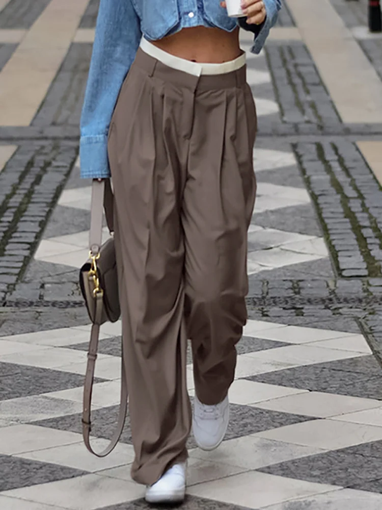 Streetwear Lady Pant Women High Waist Patchwork Casual Wide Up Pants Brown Fashion Female Simple Loose Trousers 
Streetwear Lady Pant Women High Waist Patchwork Casual Wide Up Pants Brown Fashion Female Simple Loose Trousers