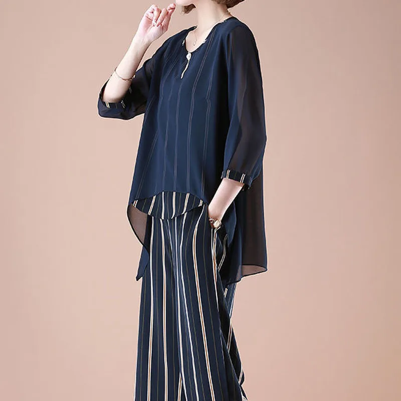 Casual Loose Female Striped Printed Short Sleeve Suit Fashion Beading Spliced Irregular Chiffon T-shirt Summer Women's Clothing
Casual Loose Female Striped Printed Short Sleeve Suit Fashion Beading Spliced Irregular Chiffon T-shirt Summer Women's Clothing