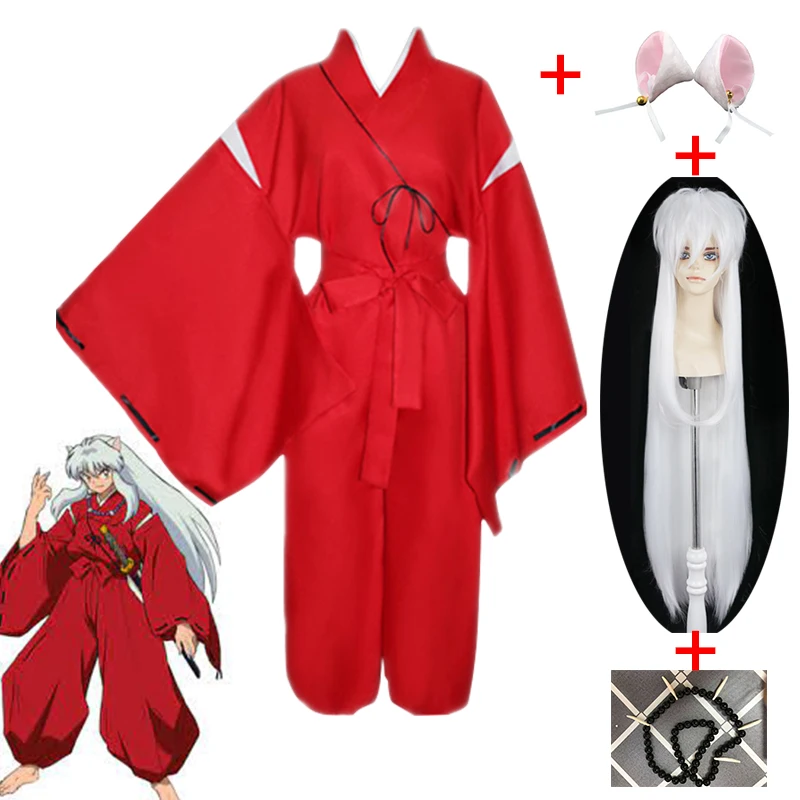 

Карнавальные смешные аниме костюмы на Хэллоуин костюм для косплея Inuyasha красный костюм белый парик одна пара ожерелий для ушей