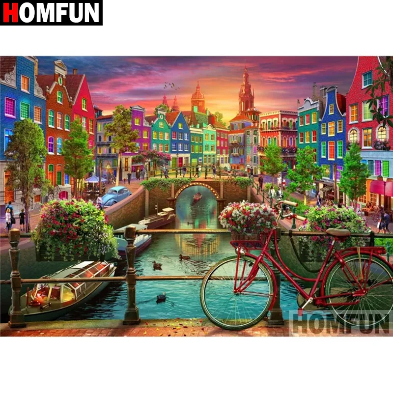 Алмазная вышивка HOMFUN Набор для вышивки крестиком 5D ландшафт велосипедного дома