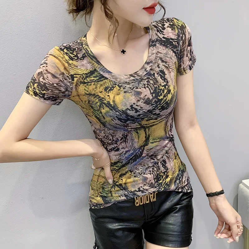 #7188 Korean Style Casual Vintage T-shirt Women O-neck Sexy Short Sleeve T-shirts Slim Print Mesh Women's Tee Shirt Thin Summer
#7188 Korean Style Casual Vintage T-shirt Women O-neck Sexy Short Sleeve T-shirts Slim Print Mesh Women's Tee Shirt Thin Summer