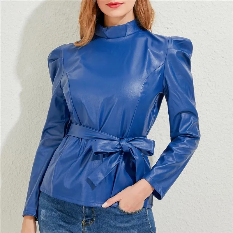Turtleneck Pu Leather jacket Ladies High Street Puff Sleeve T Shirt Autumn Solid Sashes Back Zipper Pullover Fashion Female Top
Turtleneck Pu Leather jacket Ladies High Street Puff Sleeve T Shirt Autumn Solid Sashes Back Zipper Pullover Fashion Female Top