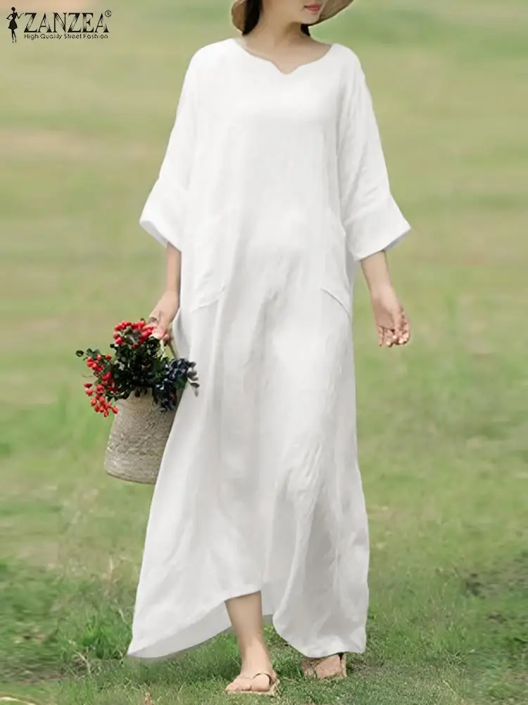 

Хлопковое женское однотонное Макси-платье ZANZEA, модные длинные платья в Корейском стиле, осень 2023, повседневные халаты с рукавом 3/4, элегантные белые платья