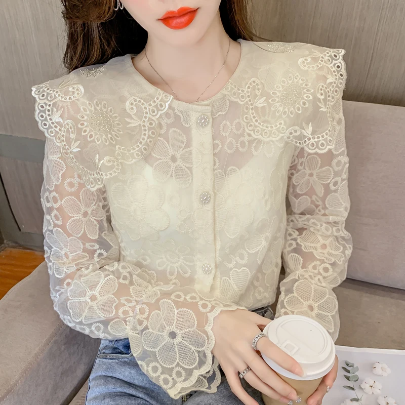 Lace Women's Blouse Casual O-neck Shirt Summer Long Sleeve Top Fashion New Korean
Lace Women's Blouse Casual O-neck Shirt Summer Long Sleeve Top Fashion New Korean