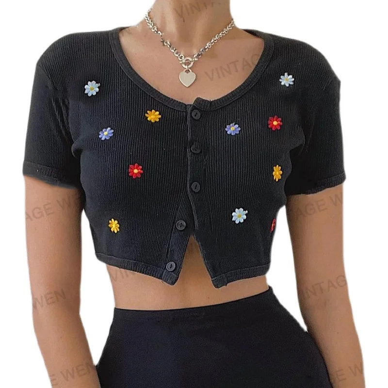 American Retro Black Embroidery Short Midriff-Baring Short Sleeve Cardigan Women's Hot Girl Top All-Matching
American Retro Black Embroidery Short Midriff-Baring Short Sleeve Cardigan Women's Hot Girl Top All-Matching