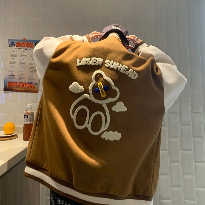 Autumn and winter new jacket men and women sweater cartoon bear baseball uniform men tide brand hit color stitching coat tops
Autumn and winter new jacket men and women sweater cartoon bear baseball uniform men tide brand hit color stitching coat tops