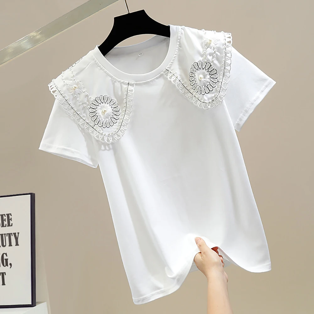 Summer Thin Elegant Beading Flower Cotton T-Shirt Women Fashion Vintage Sweet Patchwork Loose O-Neck Short Sleeve Ladies Top
Summer Thin Elegant Beading Flower Cotton T-Shirt Women Fashion Vintage Sweet Patchwork Loose O-Neck Short Sleeve Ladies Top
