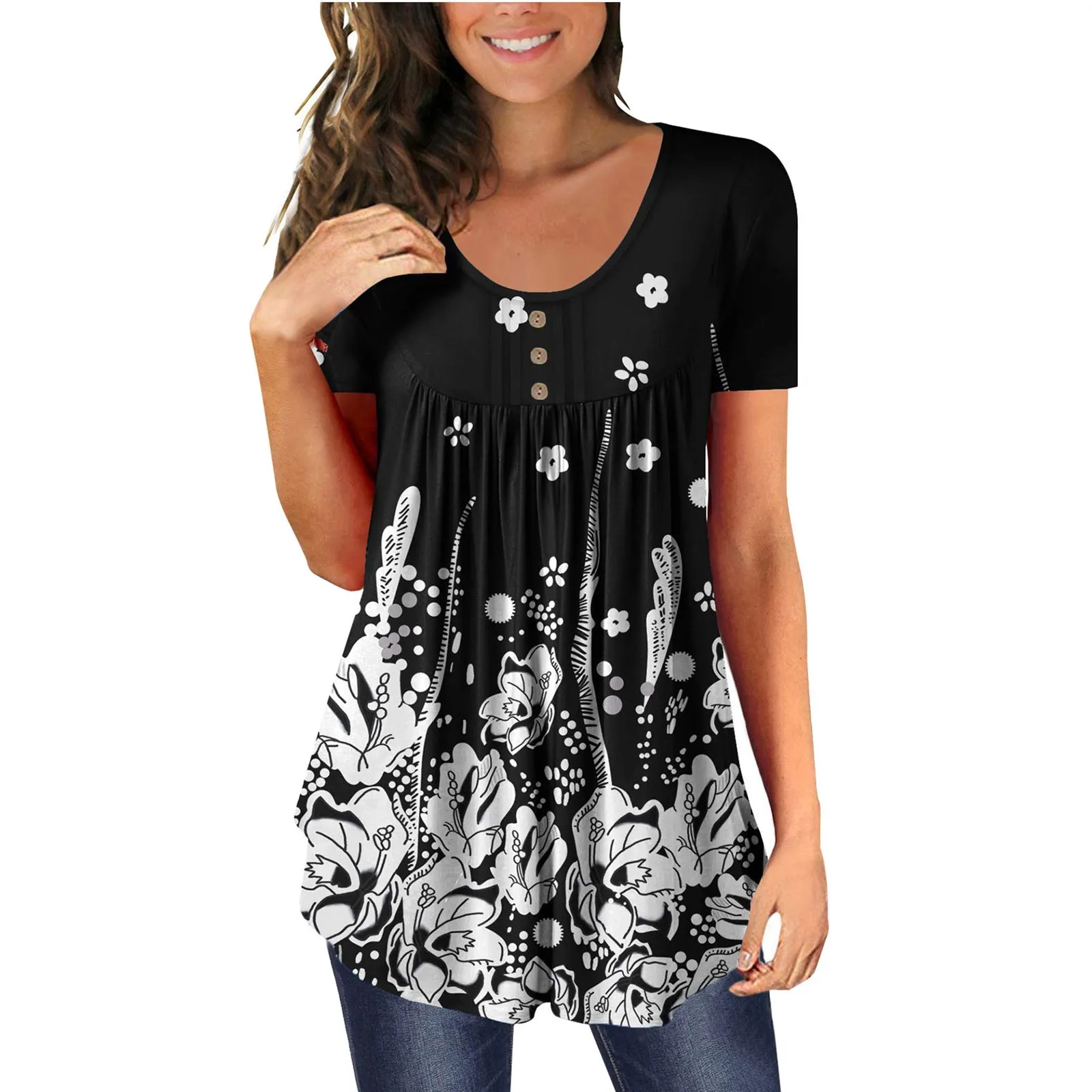 Блузка женская с коротким рукавом, круглым вырезом и принтом
Блузка женская с коротким рукавом, круглым вырезом и принтом