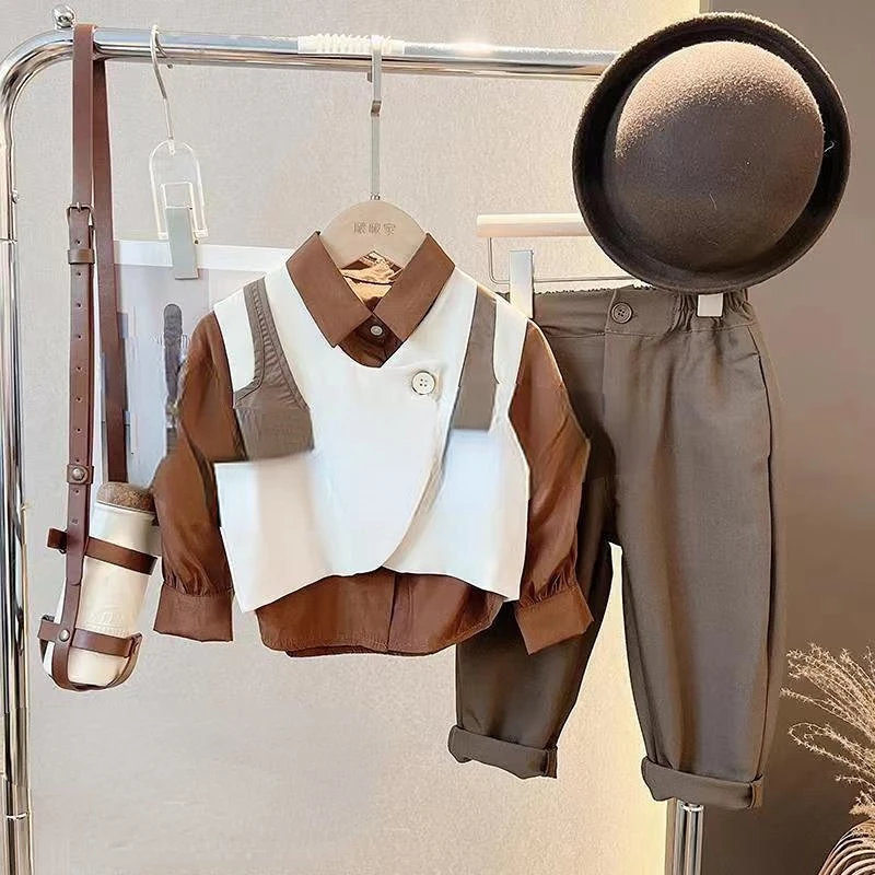 Детская одежда, осенний костюм 2023, британская рубашка в западном стиле, жилет, комплект из трех предметов 
Детская одежда, осенний костюм 2023, британская рубашка в западном стиле, жилет, комплект из трех предметов