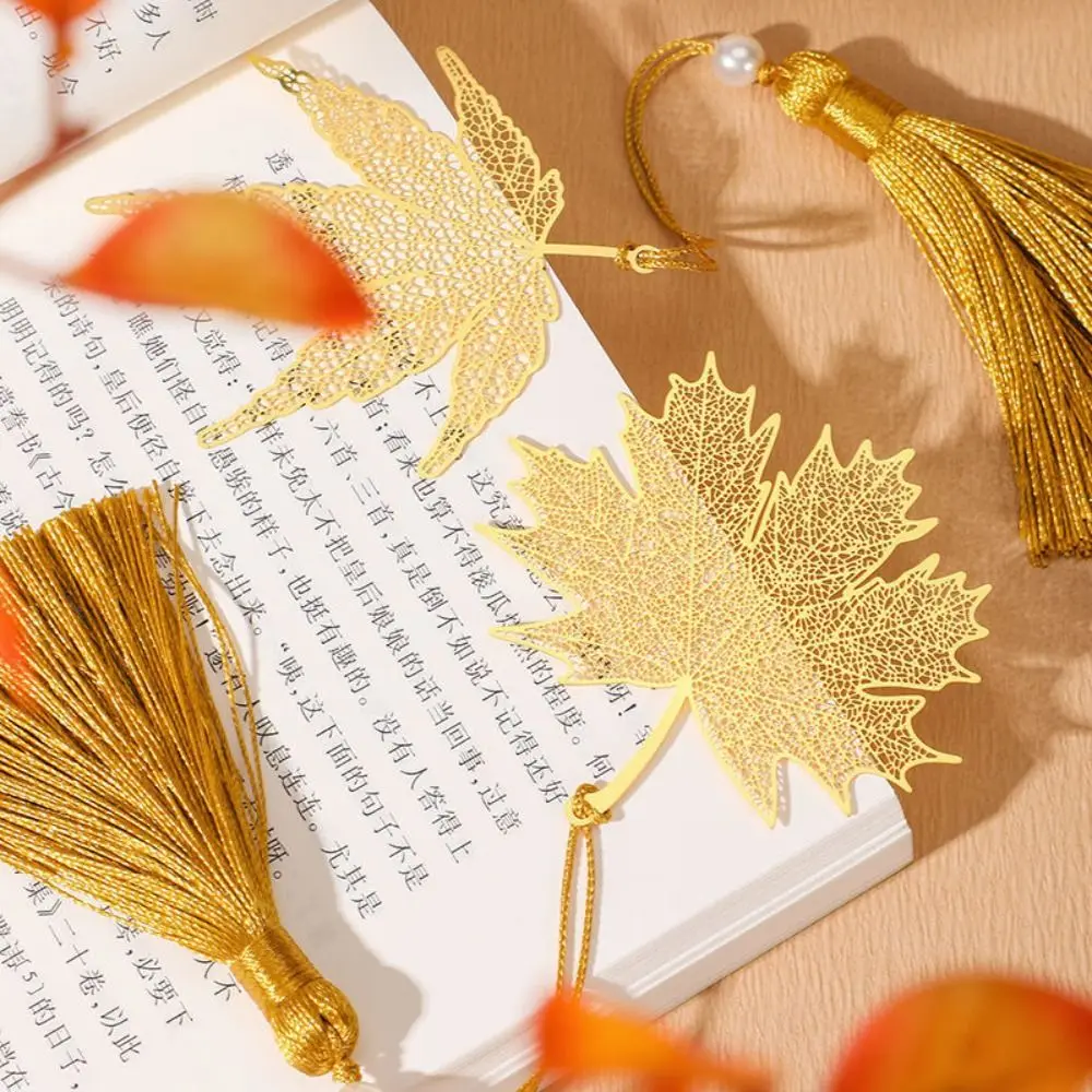 

Creative Leaf Vein Tassels Bookmark Chinese Style Metal Hollowed Maple Apricot Leaf Bookmark Book Page Marker Birthday Gift