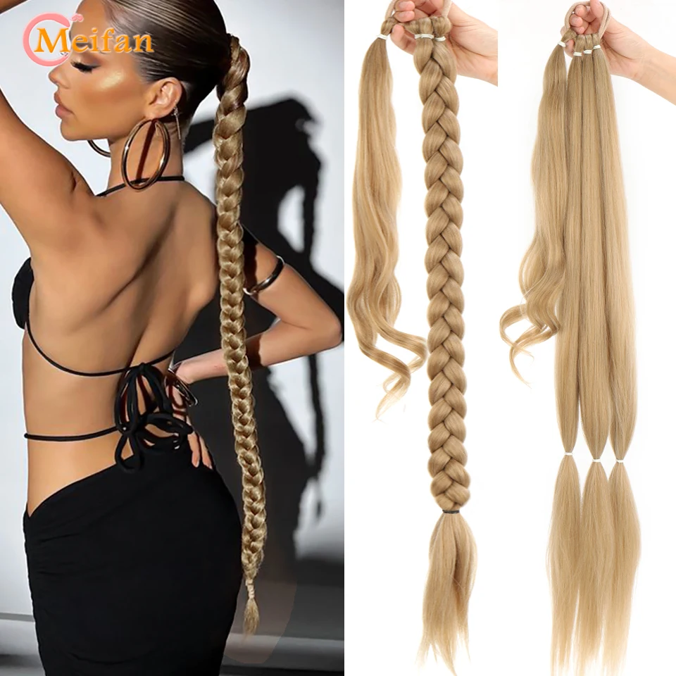 

MEIFAN Braided Ponytail Extensions Synthetic Boxing Braids Wrap Around Hair Tail With Rubber Band Hair Ring Brown DIY Braid