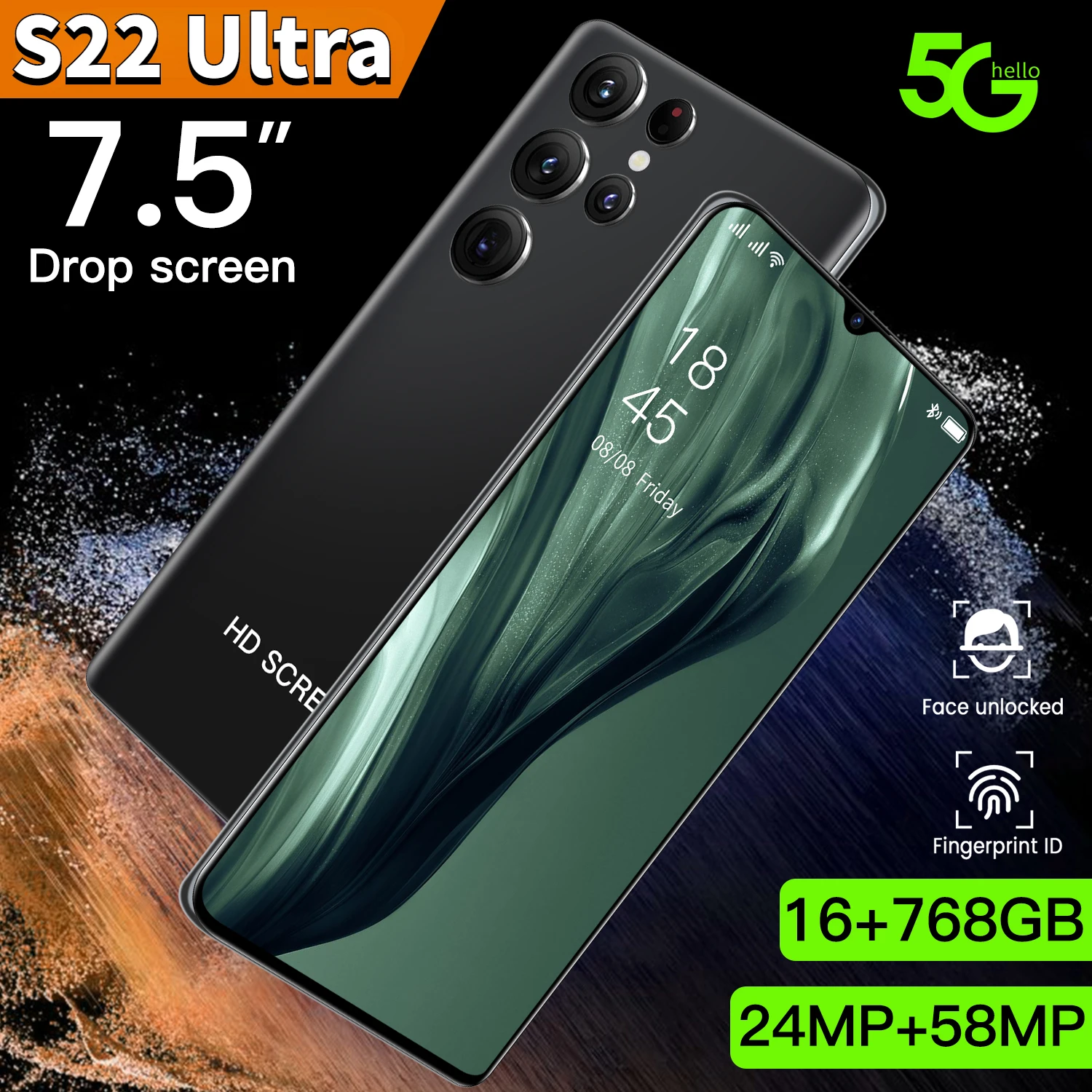 Global version S22 Ultra 7.5 Inch Dual SIM Smartphone MTK6595 5800mAh 16GB+512GBROM 24MP+58MP honeycomb unlock Cellphone
Global version S22 Ultra 7.5 Inch Dual SIM Smartphone MTK6595 5800mAh 16GB+512GBROM 24MP+58MP honeycomb unlock Cellphone