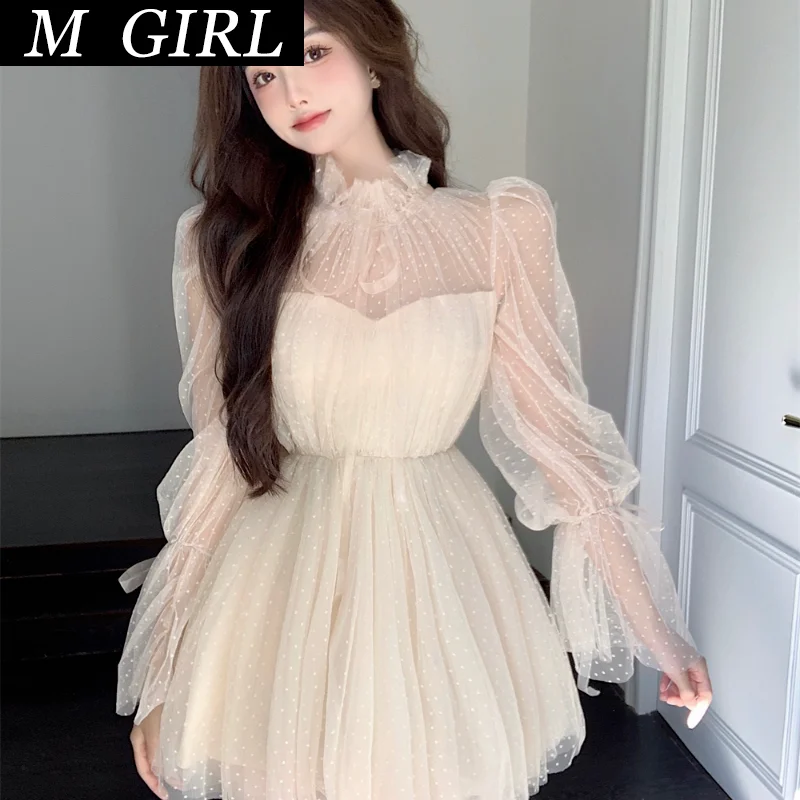 M GIRLS Polka Dot Mesh Patchwork Sexy Dress Women Long Sleeve Ribbon Lace-up Party Ball Gown Dresses Sweet Ladies Korean Fashion
M GIRLS Polka Dot Mesh Patchwork Sexy Dress Women Long Sleeve Ribbon Lace-up Party Ball Gown Dresses Sweet Ladies Korean Fashion