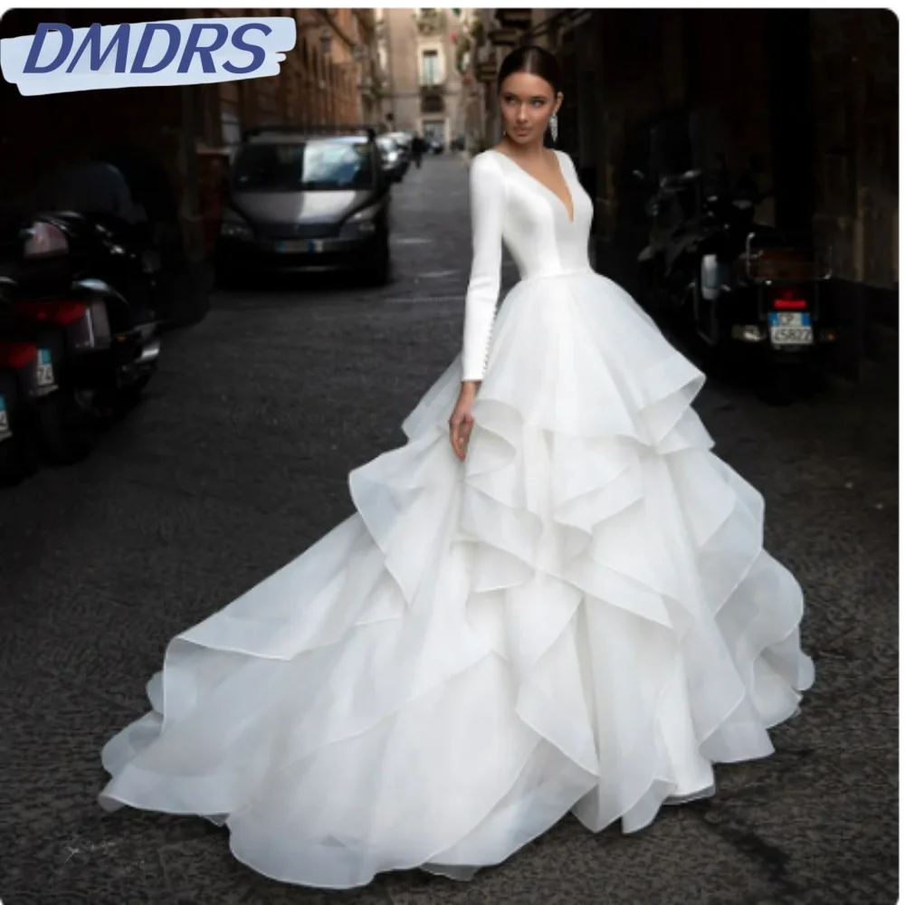 Sexy Deep V-neck Backless Bride Robe Modest Long Sleeve Bridal Gown Classic A-line Floor-length Wedding Dress Robe De Mariée
Sexy Deep V-neck Backless Bride Robe Modest Long Sleeve Bridal Gown Classic A-line Floor-length Wedding Dress Robe De Mariée