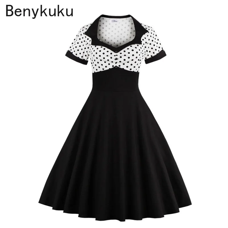 

Two Tone Sweetheart Neck Button Front Polka Dot Vintage Dresses 2022 Summer Elegant Women A Line Party Dress Swing Clothes Robe