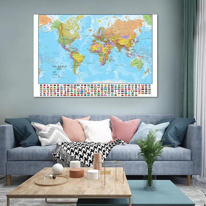 

120*80cm The World Map with National Flags Non-woven Canvas Painting Wall Art Poster and Print Home Decoration School Supplies