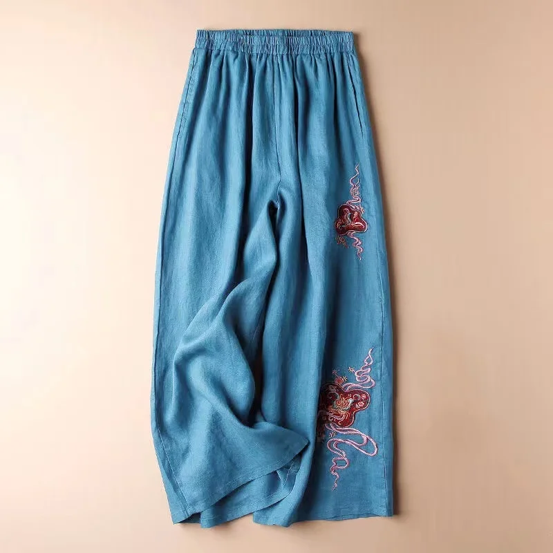 Cotton Linen Embroidery Wide Leg Pants Women's Trousers Loose Slim High Waist Straight Casual Summer Retro Traditional Style
Cotton Linen Embroidery Wide Leg Pants Women's Trousers Loose Slim High Waist Straight Casual Summer Retro Traditional Style