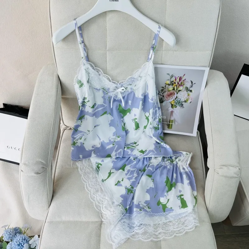 

Sexy Lace Print Sleepwear Pajamas Set Intimate Lingerie Summer Women Strap Top&shorts Sleep Suit Silky Satin Pijamas Homewear