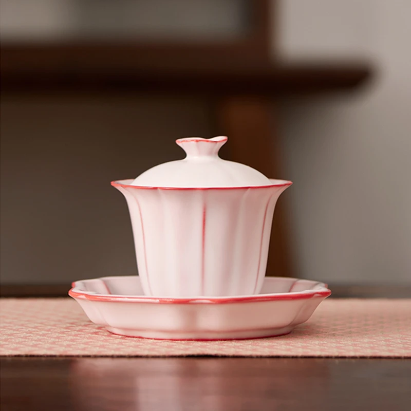 

Ru Kiln Ceramic Opening Gaiwan For Tea Pink Tureen Teaware Cup Chinese Tea Bowls Red Lotus Chawan With Suacer Tea Ceramony Set