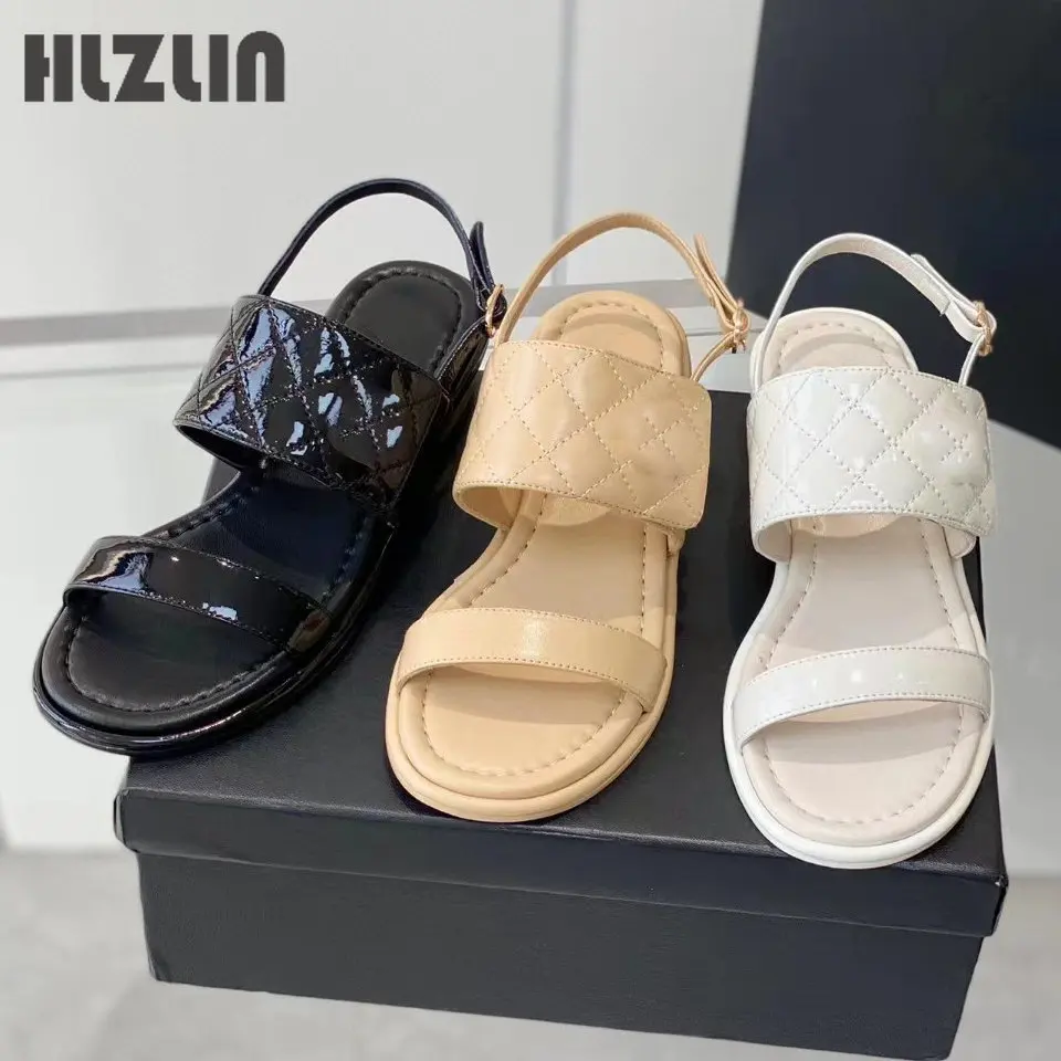 

Patent leather Ringer chunky heel sandals women's leather 2023 summer new one-word buckle with open toe Roman shoes women