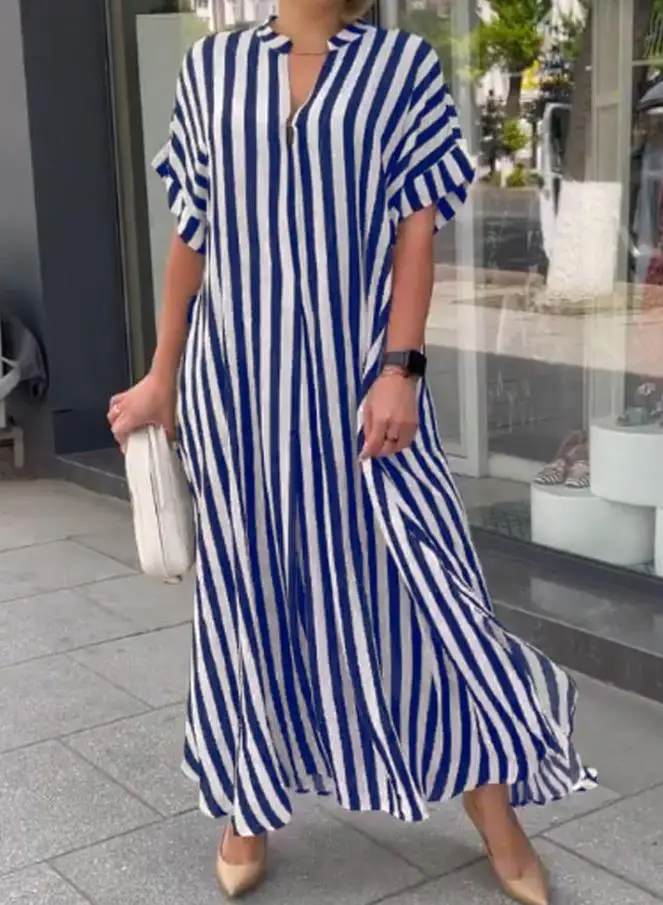 Dresses for Women V-Shaped Collar Loose Fitting Waist Split Pullover Fashion Side Slit Stripe Loose Casual Short Sleeve dress
Dresses for Women V-Shaped Collar Loose Fitting Waist Split Pullover Fashion Side Slit Stripe Loose Casual Short Sleeve dress