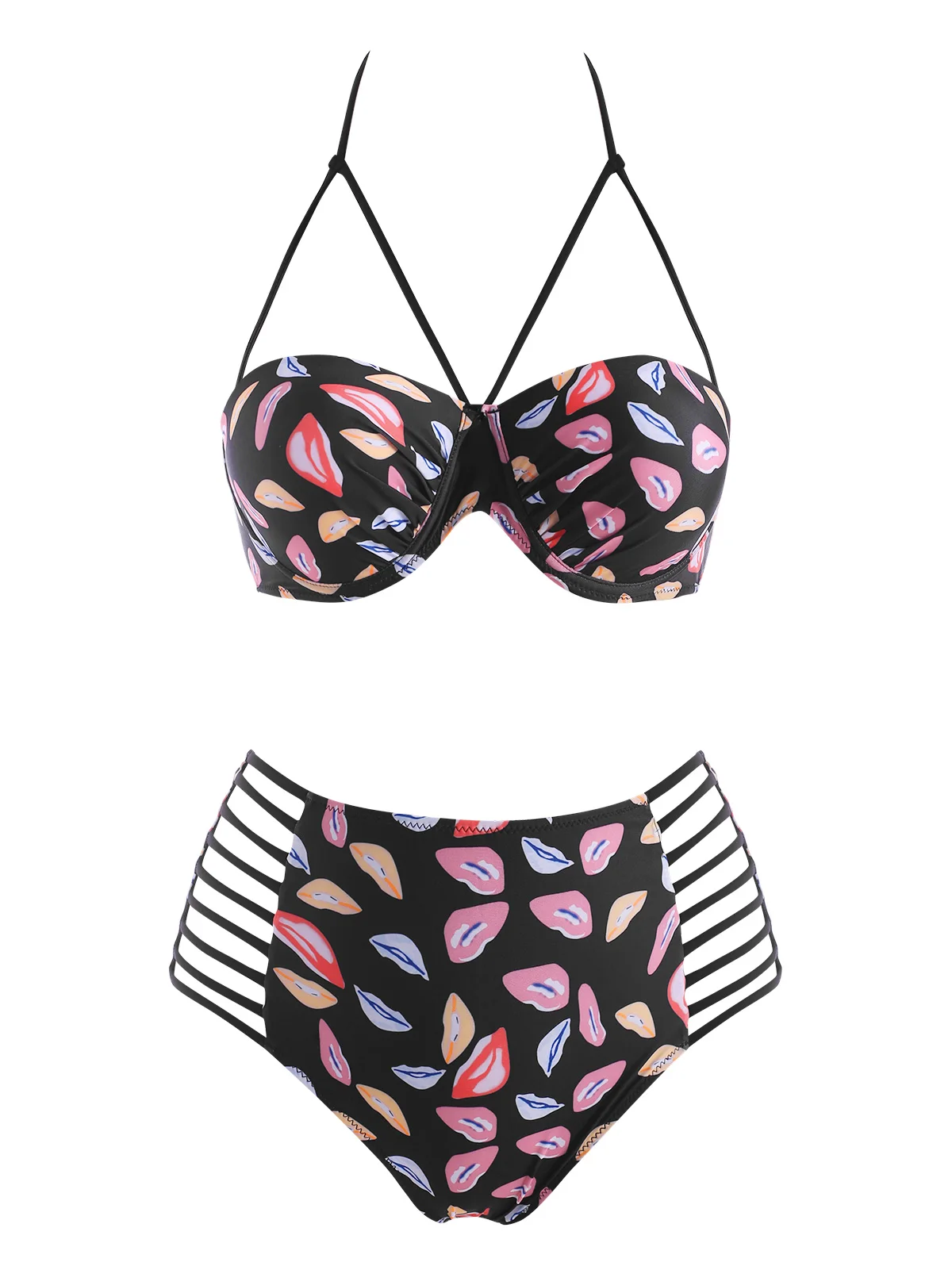 

Lip Print High Waisted Bikini Split Swimwear Push Up Ladder Cutout Halter Underwire Beachwear Female Triangle Swimsuit Biquinis