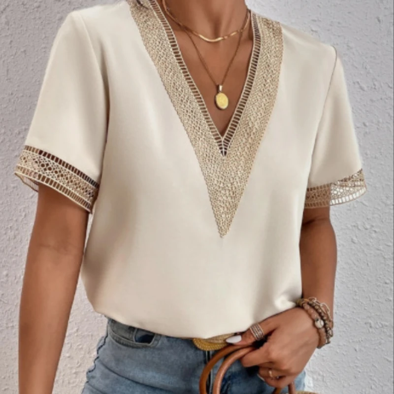 Elegant V Neck Office Lady Blouse 2023 Fashion Summer Loose Short Sleeve Woman Shirts Casual Lace Tops Cotton Clothes 25125
Elegant V Neck Office Lady Blouse 2023 Fashion Summer Loose Short Sleeve Woman Shirts Casual Lace Tops Cotton Clothes 25125