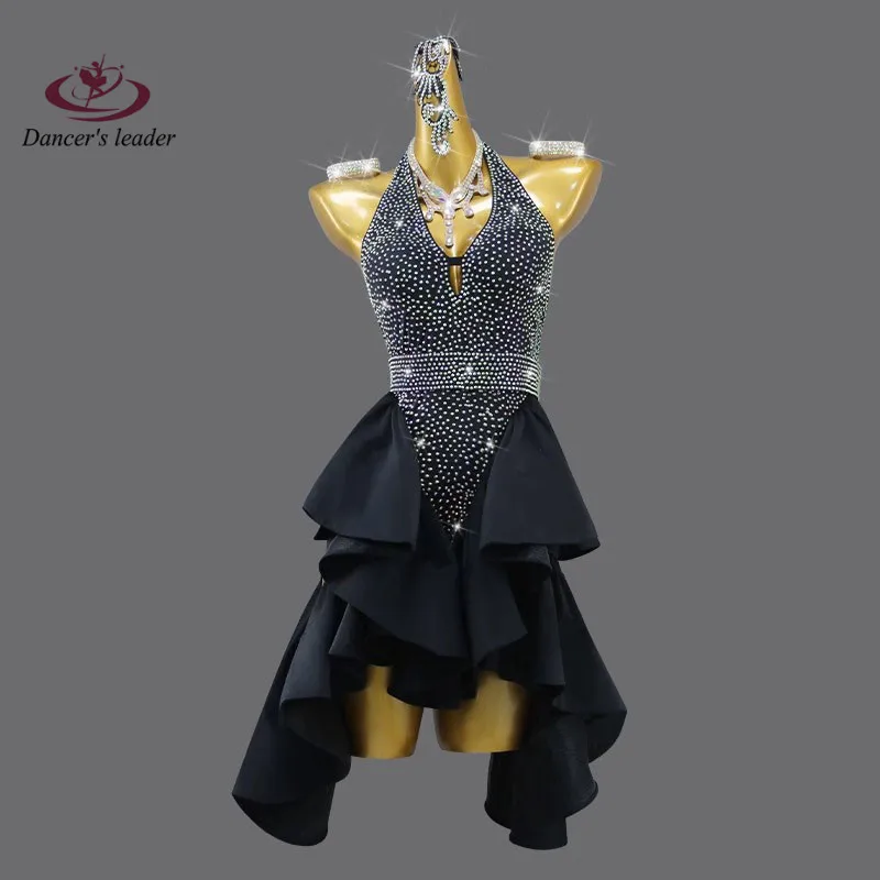 

Платье для латиноамериканских танцев, высококлассная индивидуальная блестящая юбка с лямкой на шее и стразами, женская профессиональная одежда для сцены и Танго для взрослых