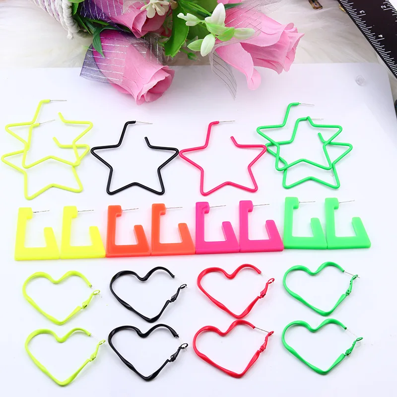 

VSnow Exaggerated Fluorescent Color Geometric Star Heart Dangle Earings for Women Spray Arcylic Metal Earrings Jewellery