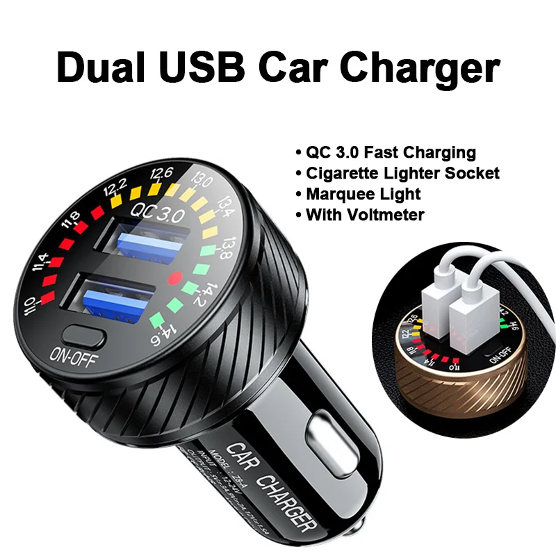 

QC 3.0 Dual USB Car Charger 12-24V 18W Cigarette Power Socket Lighter Voltmeter Auto Fast Adapter Chargers Display Car Charging