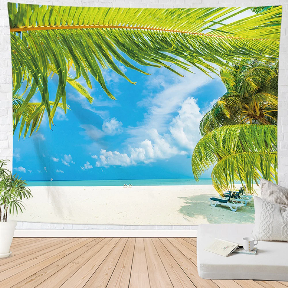 

Palm Tree Sea Scene Tapestry Tropical Beach Natural Coconut Green Palm Leaves Tapestries Bedroom Living Room Dorm Wall Hanging