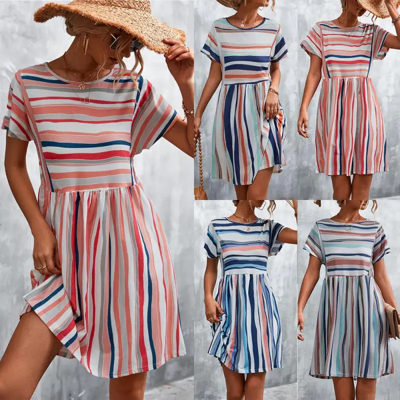 Women Spring Summer Print Beach Dress Striped A-Line Loose Casual Mini Dress O-Neck Short Sleeve High Waist Fashion Party Skirt
Women Spring Summer Print Beach Dress Striped A-Line Loose Casual Mini Dress O-Neck Short Sleeve High Waist Fashion Party Skirt