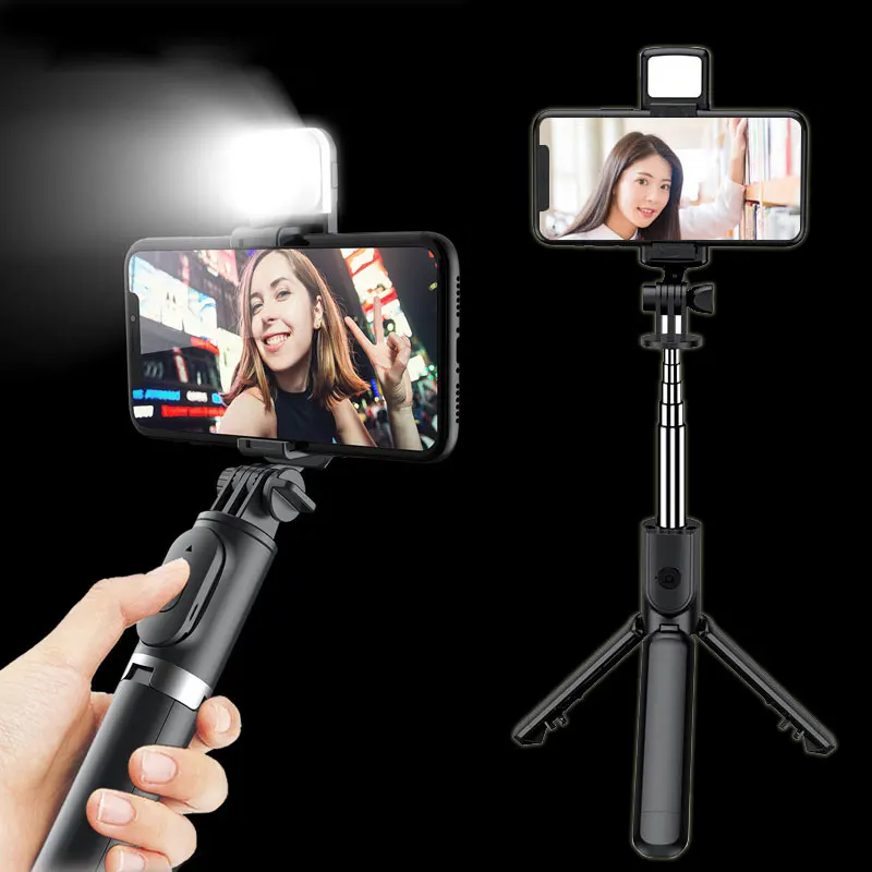 

With fill light 360 degree rotation wireless bluetooth selfie stick remote shutter tripod for iphone Xiaomi Huawei phone stand