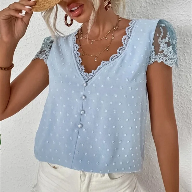 2023 Summer V-neck Lace Shirt Women Short Sleeve Tops Embroidery Solid Loose Women's Blouse Casual Elegant Fashion Blusas 25714
2023 Summer V-neck Lace Shirt Women Short Sleeve Tops Embroidery Solid Loose Women's Blouse Casual Elegant Fashion Blusas 25714